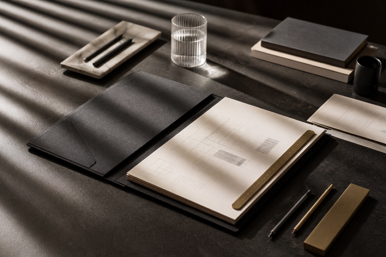 Brand illustration of structured planning materials on a dark desk.