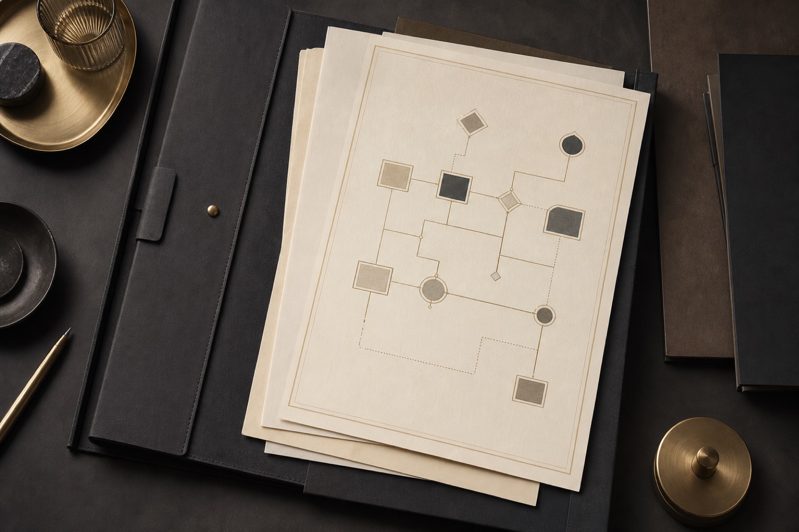 Brand illustration of a reviewable process diagram and organised documents.