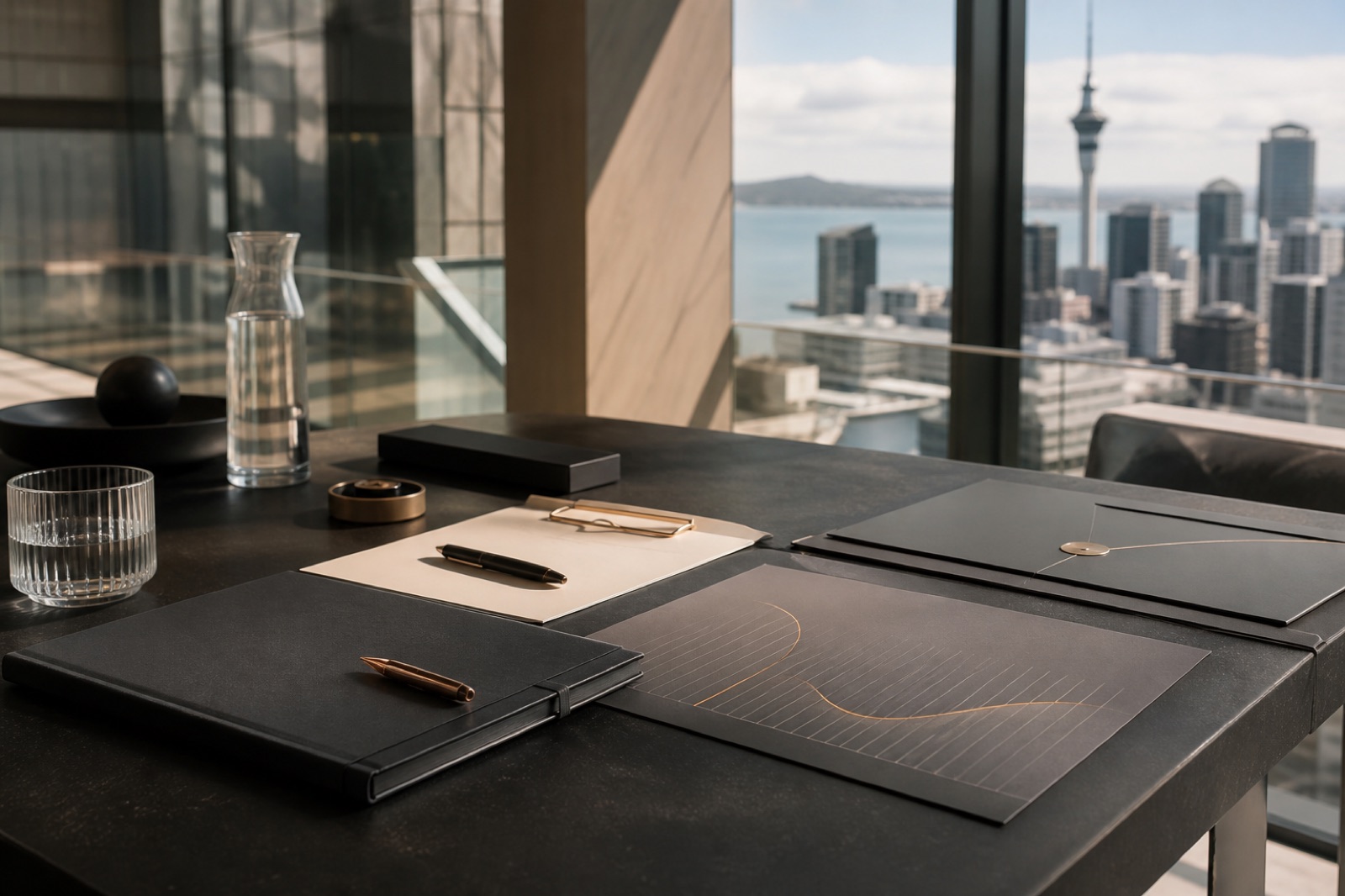 Brand illustration of a professional meeting setting overlooking central Auckland.