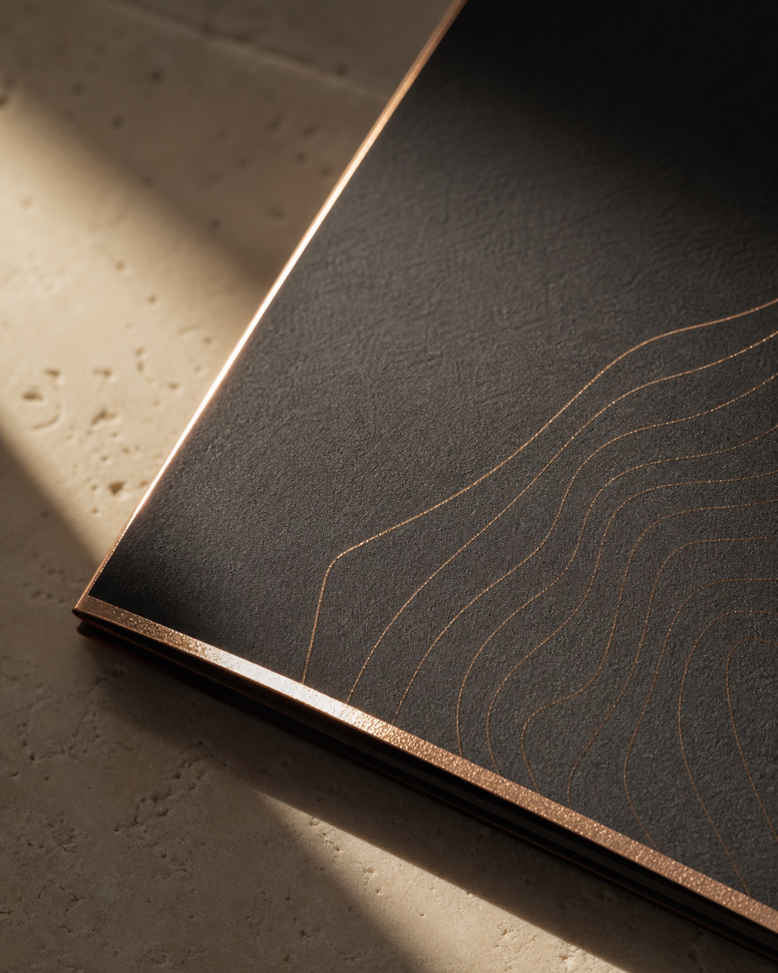 Brand illustration of a dark evidence folder with fine rose-gold linework.