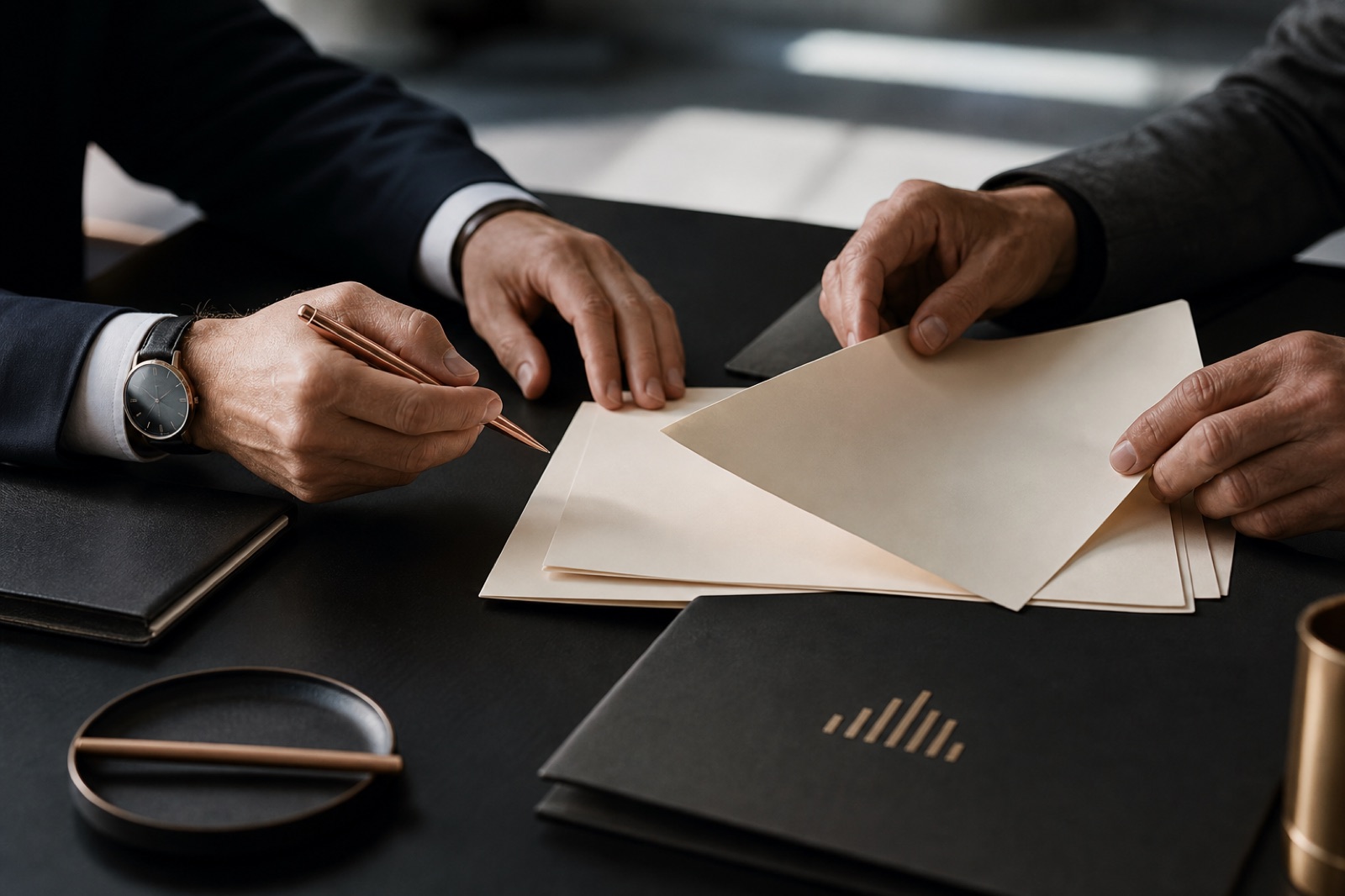 Brand illustration of people reviewing documents together at a dark table.