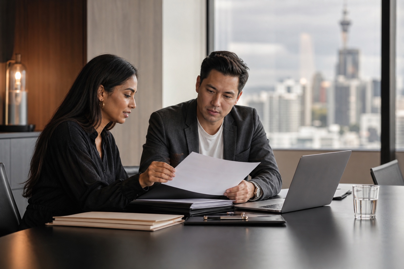 Two adults review an organised visa application file and laptop in a professional Auckland office.